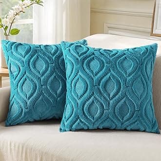 Summer Throw Pillow Covers 18x18 Inch Set of 2, Soft Plush Faux Wool Teal Solid Couch Pillow Covers, Accent Farmhouse Neutral Square Pillow Cases for Sofa Bed Living Room