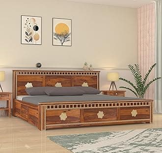 Wooden King Size Bed with Storage | Kuber Design Double Bed Cot Bed with Box Storage and Traditional Brass Work for Bedroom & Hotel | Sheesham Wood | Honey | Recommended Mattress Size: 78 X 72