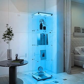 Frameless Glass Display Cabinet, Curio Cabinet Display Case with LED Lights and Lock, Quick-Install Floor Standing Showcase Display Shelf for Collectibles, Legos, Figures, Plants, White