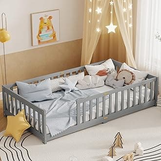 Twin Floor Bed with Safety Guardrails for Kids, Rubber Wood Montessori Bed with Slats, Twin Size Bed Frame for Girls and Boys,No Box Spring Needed,Grey