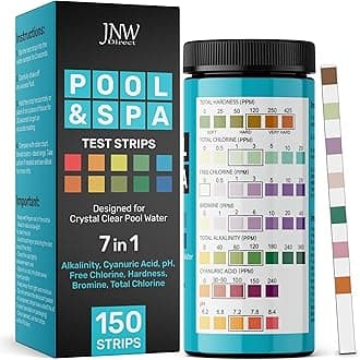 JNW Direct Pool Test Strips 7-in-1, 150 Quick and Accurate Pool and Hot Tub Test Strips - Pool Water Testing Kit for Chlorine, Bromine, pH, Hardness, More - All in 1 Swimming Pool Test Strips by