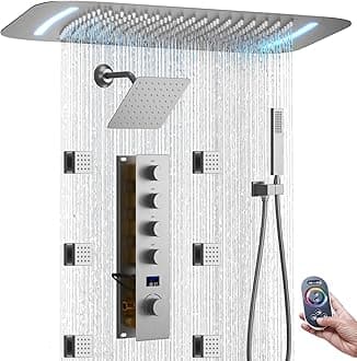 16 X 26 Inch Shower System with Body Jets, Handheld Spray, 8 Inch Wall Mounted Rain Shower Head, 4 Way Temperature Digital Display Brushed Nickel Shower System