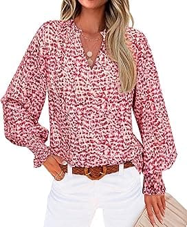 MASCOMODA Womens V Neck Floral Long Sleeve Tops 2025 Summer Casual Loose Puff Sleeve Chiffon Boho Work Blouse Dressy T Shirts