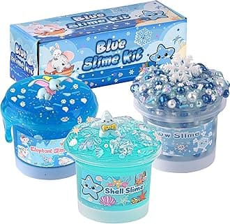 3 x 100mL Blue Slime Kit for Girls & Boys: Includes Clear, Water & Pearl Bead Crunchy Slime, Sensory Experience DIY Slimes Set, Slimes Party Favors for Kids Birthday Easter Halloween Teens Gift