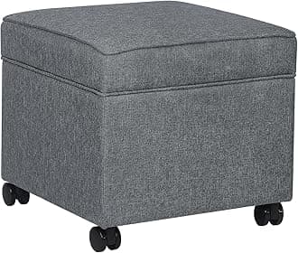 Adeco 17.5" Square Fabric Ottoman with Storage, Upholstered Cotton Linen Foot Rest, Flip Top Footstool, Small Cube Coffee Table Extra Seat for Living Room, Bedroom, Grey with Rolling Legs