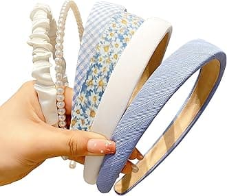 Fashion Headbands Set, 6pcs Pearl Floral Padded Wide Vintage Headbands for Women and Girls (Blue)