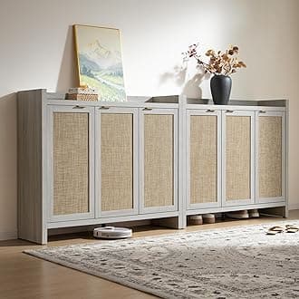 SICOTAS Shoe Storage Cabinet Set of 2, 30 Pairs Rattan Shoe Cabinet Storage for Entryway, 6-Tier 41" Tall Shoe Cabinet Storage, Farmhouse Boho Storage Cabinet with Doors for Entryway, Whitish-Gray Oak