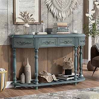 Knocbel 52in Sofa Console Table with 4 Storage Drawers and Bottom Slatted Shelf, Entry Hallway Foyer Long Table with Legs, 130lbs Weight Capacity (Antique Blue)
