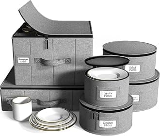 China Storage Containers 6-Piece Set - Hard Shell Dinnerware Organizer for Plates, Glasses, Mugs & Saucers (Holds Service for 12) with Felt Protectors for Moving & Storage