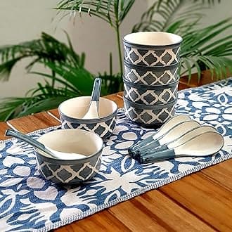 Ceramic Soup Bowls Set of 6 with Matching Spoons | Elegant Bowls for Soup, Curry, Maggi, Desserts | Microwave & Dishwasher Safe | Perfect for Home and Restaurant- Grey 300ml Each