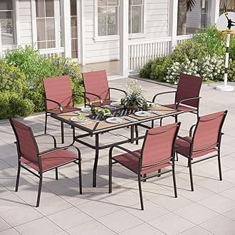 Outdoor Patio Dining Set 7 Piece Furniture Set with 6 Red Chairs and Wood-Like Table Top Rectangular Table for Deck Garden Backyard Lawn Poolside