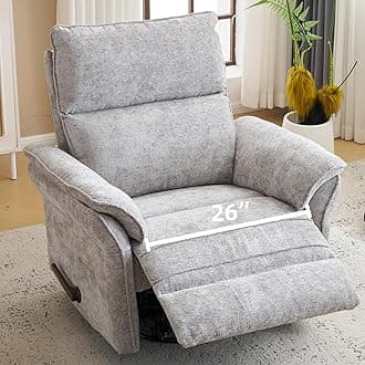 Oversized Glider Rocker Recliner, 26" Extra Wide 360° Swivel Nursery Recliner with Adjustable Headrest, Chenille Rocking Nursery Chair with Overstuffed Armrest, Lumbar Support, Light Grey