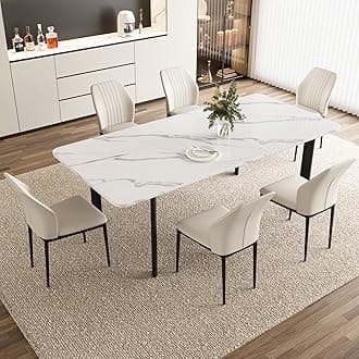 HIPIHOM Extendable Dining Table Set for 6-8 People, 63 to 78.7 Inch MDF Kitchen Table with 6 Upholstered Chairs, Space-Saving for Dining Room, Breakfast Nook(White Table & 6 White Chairs)