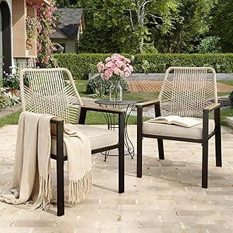 Patio Wicker Chair Sets of 2, Outdoor Dining Chairs with 3.1 inch Seat Cushions, Sturdy Metal Frame & Wood Grain Armrest, Patio Dining Chairs for Porch Backyard, Beige