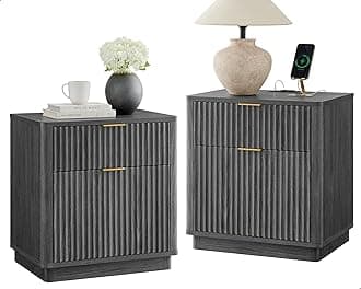 T4TREAM 23'' Fluted Nightstand Set of 2 with Charging Station, Large 2 Drawer Side Table, Modern End Table with Storage, Mid Century Bedside Table for Bedroom, Living Room, Curved Profile, Dark Alder