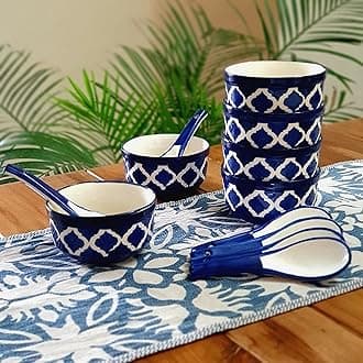 Soup Bowl with Spoon Set | Hand-Painted Ceramic Bowl Set of 6 | 300ml Each | Ideal for Serving Soup, Maggi, Dessert | Microwave & Dishwasher Safe (Blue)