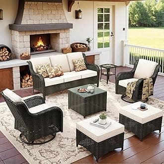 ovios 7 Pieces Patio Furniture Set with Swivel Rocking Chairs, Outdoor Wicker Sofa Couch Glass Coffee Table, All Weather High Back Modern Conversation Set, Brown Rattan, Beige