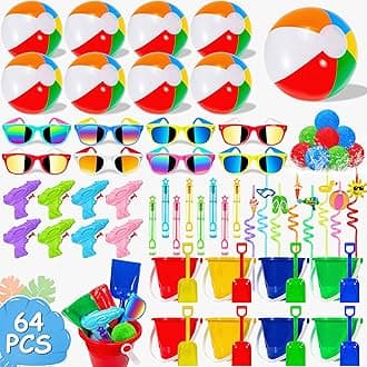 LINAYE Beach & Pool Party Favors - Kids' Summer Toys Bulk Including Beach Balls, Sand Buckets, Sunglasses, Drinking Straws, Bubble Wands Beach & Pool Party Supplies