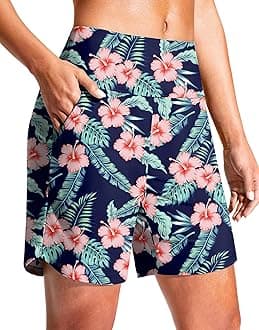 G Gradual Women's 7" Quick Dry Swim Board Shorts Swimming Bottoms High Waisted Beach Shorts for Women with Liner Pockets