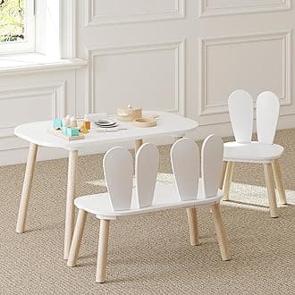 UTEX Kids Table and Chair Set, Toddler Table with Bunny Chair and Bench, 3 Pieces Wooden Children Table for Kids Room, Classroom, Nursery, White
