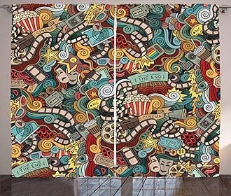 Ambesonne Hipster Curtains, Cinema Items Combined in an Abstract Style Popcorn Movie Reel The End Theatre, Living Room Bedroom Window Drapes 2 Panel Set, 108" X 90", Burgundy Teal