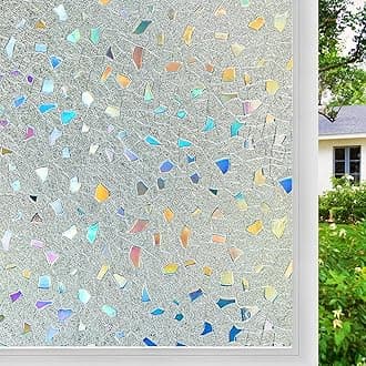 Coavas Stained Glass Window Privacy Film 3D Rainbow Decorative Heat Control UV Blocking Non-Adhesive Removable Vinyl Film Window Tint for Bathroom Door Covering, Pure, 23.6 x 78.7 inch
