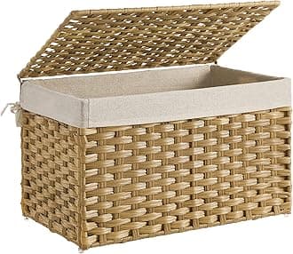 SONGMICS Storage Basket with Lid, Woven Blanket Storage Bin with Handles, Foldable, Removable Liner, Metal Frame, for Bedroom, Laundry Room, 17.2 Gallons (65 L), Natural URST56NL