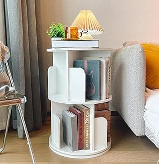 Heehee Wooden Rotating Bookshelf 360 Display Floor Standing Bookcase Storage Rack for Kids&Adults Multi-Functional Bookshelf Organizer (White (2-Tier))