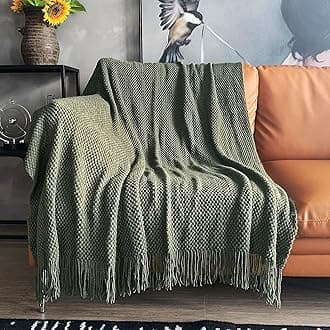 LOMAO Knitted Throw Blanket with Tassels Bubble Textured Lightweight Throws for Couch Cover Home Decor (Dark Olive, 50x60)