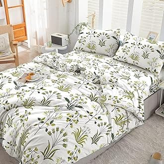 2PCS Single Duvet Cover Set 100% Egyptian Cotton Bedding Single Bed Set 400 Thread Count Floral Printed Fern Green Duvet Cover Single with Pillow Case