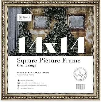 Almost Frameless 14x14 Champaign Ornate Picture Frame 14"x14"(35.6x35.6cm) Poster, Photo, Artwork, or Print. Antique Style Portrait and Landscape Display with Wall Hooks