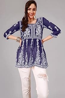 EthnicJunction Georgette Women Chikan Embroidery Short A-Line Kurti | Summer Kurti | Short Kurti for Women | Top for Office | Women's Tunics Tops | Kurta Shirt Top | Regular Fit Top