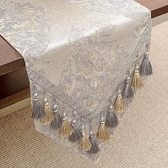 TOPLUXE Table Runner with Handmade Tassels, Luxury Damask Table Runner for Dining Room/Restaurant/Banquet/Festival Decoration (33x228cm, Beige)
