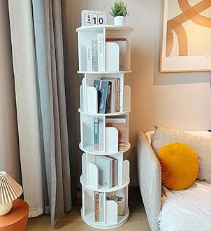 Heehee Wooden Rotating Bookshelf 360 Display Floor Standing Bookcase Storage Rack for Kids&Adults Multi-Functional Bookshelf Organizer (White (5-Tier))