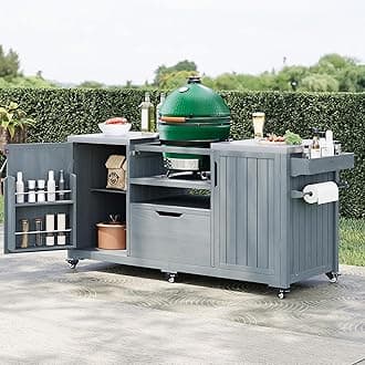 Quarte 66.5" Outdoor Kitchen Island for Big Green Egg Grills, Solid Wood Outdoor Grill Cart for Tabletop Grill with Stainless Steel Top, Drawer, Family Barbecue Outdoor Gathering (Grey+Blue3)
