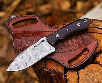 Fixed Blade Damascus Steel Hunting Knife with Leather Sheath, 9'' Full Tang Hunting Skinning,Non-Slip Wooden Handle,Camping Knife (VENGI)