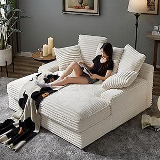 WILLIAMSPACE 63.77" Oversized Chaise Lounge Sofa Cozy Cloud Couch for Living Room, Modern Corduroy Upholstered Sleeper Loveseat Daybed Sofabed with 5 Throw Pillows & Wide Armrest, Beige