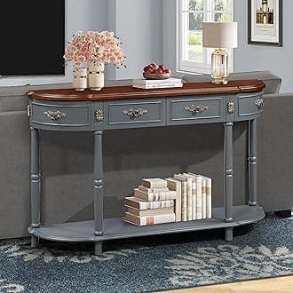 Knocbel 52in Sofa Console Table with 2 Storage Drawers and Bottom Slatted Shelf, Entry Hallway Foyer Long Retro Curved Table with Legs, 13" D x 52" W x 32" H Antique Grey