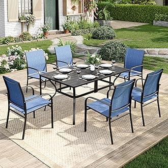 Outdoor Table and Chairs, Patio Dining Sets for 6 with Blue Chairs and Metal Rectangular Table for Deck Backyard Lawn Poolside