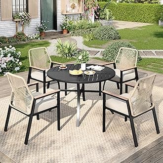 5 Pieces Outdoor Patio Dining Set, Wicker Patio Table and Chairs Set of 4, Rattan Chairs with 3.1" Cushion and 42" Round Table with Umbrella Hole for Backyard, Porch,Beige