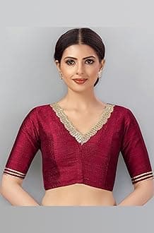 Studio Shringaar Women's Readymade Silky Saree Blouse Elbow Length Sleeves With Embroidered Neckline Choli