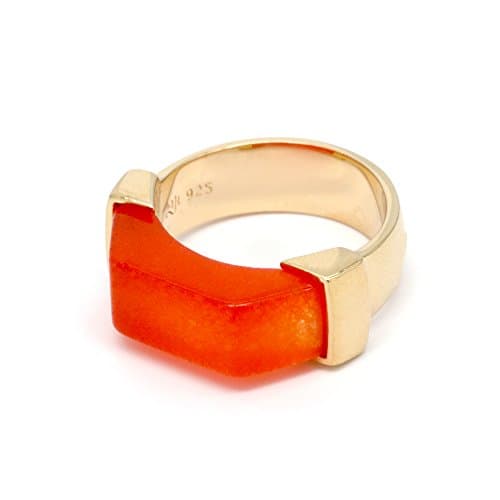 EME Trapezoid Bright Orange Col Agate 925 Sterling Silver w/ Gold Plated Ring (N 1/2)