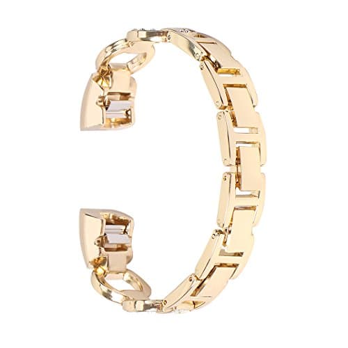 For Fitbit Alta and Fitbit Alta HR Straps, MeiC Power Women Jewelry Accessories Luxury Glitter Diamond Loop Bracelet Stainless Steel Wristband Smart Watch Bands Replacement Accessories Wrist Straps with Adjustable Removable Links for Fitbit Alta / Alta HR, Gold