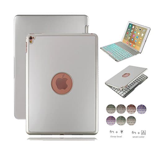 Dingrich iPad Pro 9.7 Keyboard Case, Hard Aluminum Smart Wireless Bluetooth Keyboard Cover with Rotating Adjustable Stand Function and 7 Color LED Backlit for Apple iPad Pro 9.7 Inch (Silver)