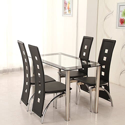 OSPI Clear with Black Trim Tempered Glass Dinner Table & High Piano Back leather cover Chairs sets (1 Table with 4 Chair- stainless steel legs)