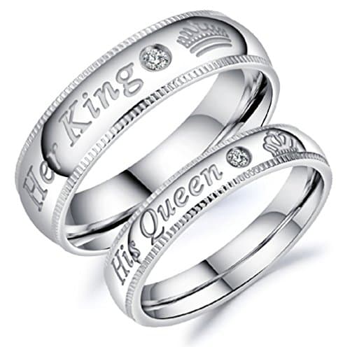 His or Hers (Sold Separate Price Is for ONE Ring Only) "His Queen" "Her King" Stainless Steel Couple Wedding Bands Ring with CZ Stone-CR152 (Men's size S)