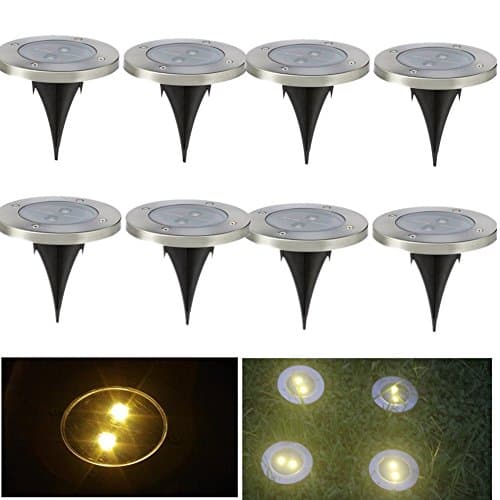 8 X Solar Spot Lights Warm White LED Garden Path Lights Wireless Solar Powered Lawn Light Waterproof Stainless Steel Deck Lights with 2 LEDs for Garden Deck Driveway Lawn Pathwy Patio Flower Tubs