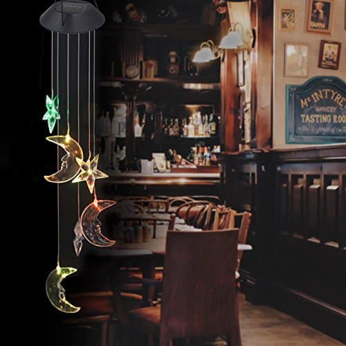 Solar Powered Wind Chimes,Suniness LED Solar Mobile Wind Chime,Color-Changing Waterproof LED Hanging Lamp Wind Chime for Outdoor Indoor Gardening Lighting Decoration Home (Star&Moon)