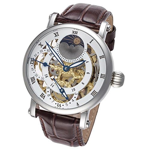 Silver Case and Gold Movement Dual Time Zone with White Accents and Moonphase Display with Brown Leather Band