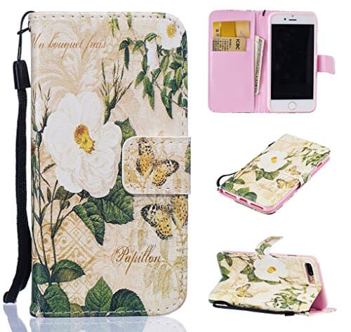 Yidaxing iPhone 7 PLUS Wallet Case, Premium PU Leather Flip Cover Colorful Pattern Design Shockproof Case with Hand Strap and Card Holder for iPhone 7 PLUS, White Flower